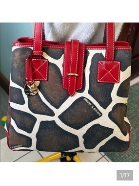 Dooney & Bourke Giraffe-Print Tote Bag  shoulder bag /red leather trim excellent